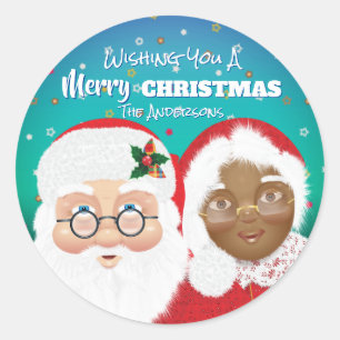 Santa and Mrs Claus Biracial Christmas Classic Round Sticker