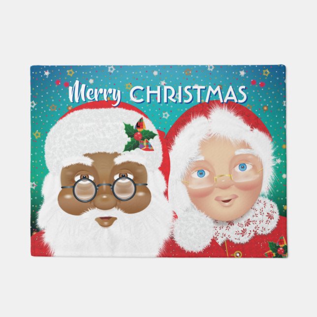 Santa and Mrs Claus Biracial Christmas Holiday Doormat (Front)