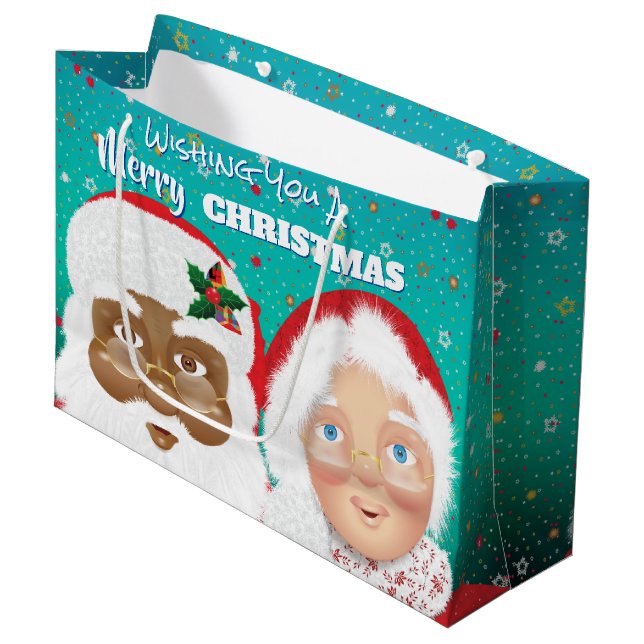 Santa and Mrs Claus Biracial Christmas Large Gift Bag (Front Angled)