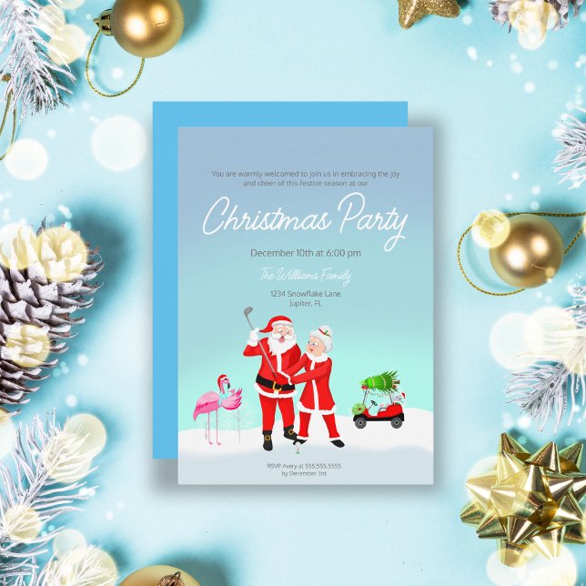 Santa and Mrs. Claus Golf Swing Invitation (Swing into the holidays with Santa and Mrs. Claus! Reindeer and flamingo-approved golf lessons.)