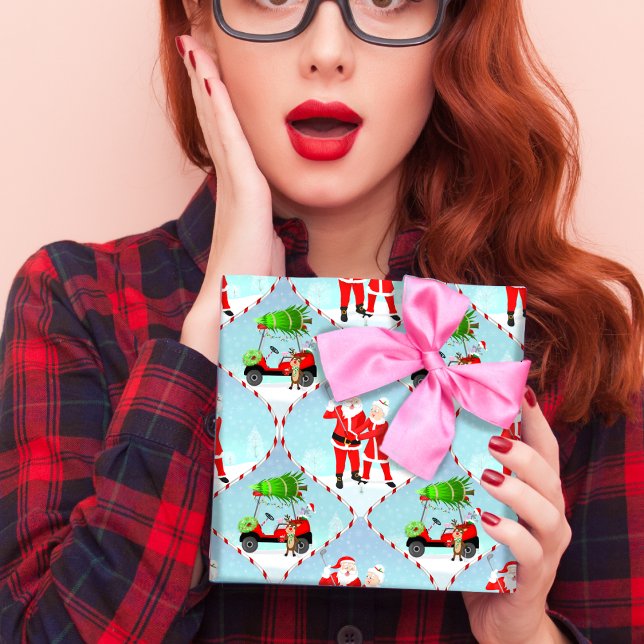 Santa And  Mrs. Claus Golfing Ogee Pattern Wrapping Paper Sheet (Festive Fun: Santa, Mrs. Claus, Reindeer, and Golf Cart Delight!)
