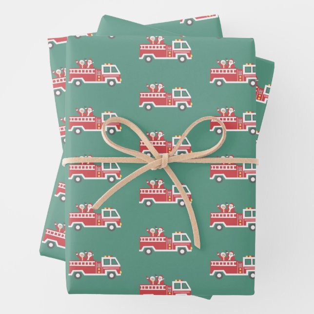 Santa and Mrs. Claus on a Christmas Firetruck  Wrapping Paper Sheet (In situ)