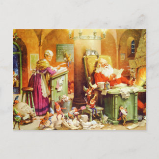 Santa and Mrs Claus Reading Mail at the North Pole Holiday Postcard