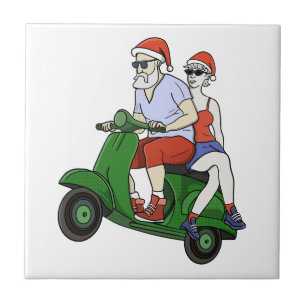 Santa and Mrs. Claus riding a scooter Tile