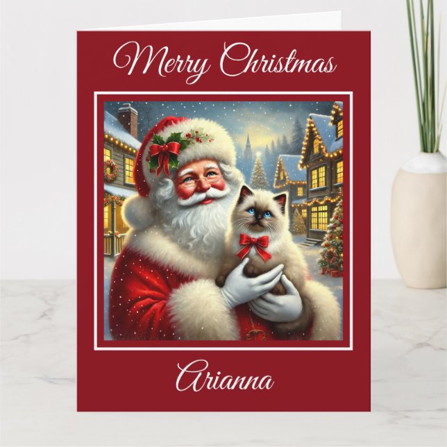 Santa and Ragdoll Kitten in Christmas Village Card (Front)