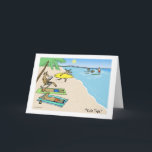 Santa and Reindeer Beach Vacation Christmas Holiday Card<br><div class="desc">Humourous Christmas Card. Cartoon of Santa and his reindeer on a sunny tropical beach vacation. Shirtless Santa Clause in red swimming trunks is riding the waves. One reindeer is running with a surfboard. Other reindeer are tanning or reading on the sand. The title is “Yule Tide.” Inside of card: “warmest...</div>