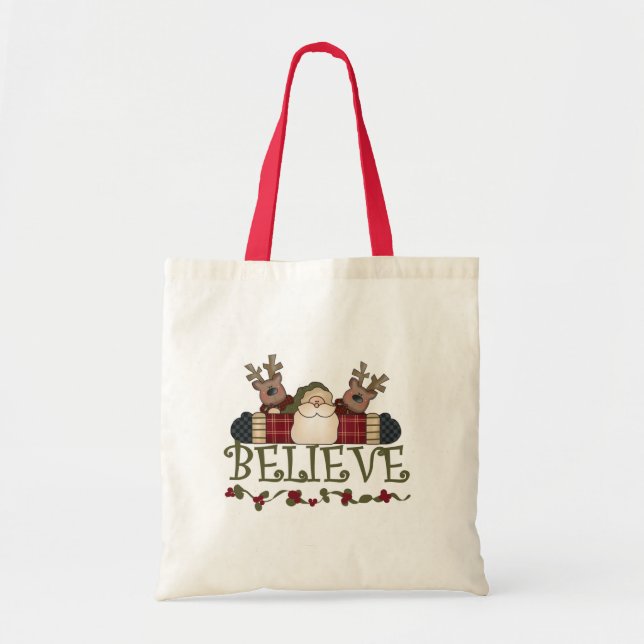 Santa and Reindeer Believe Tote Bag (Front)
