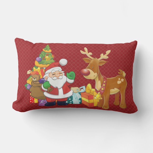 Santa and Reindeer by Christmas Tree with Presents Lumbar Pillow (Front)