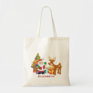 Santa and Reindeer by Christmas Tree with Presents Tote Bag