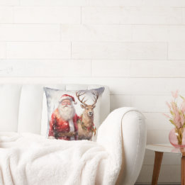 Santa and Reindeer Christmas Holiday Home Decor Throw Pillow