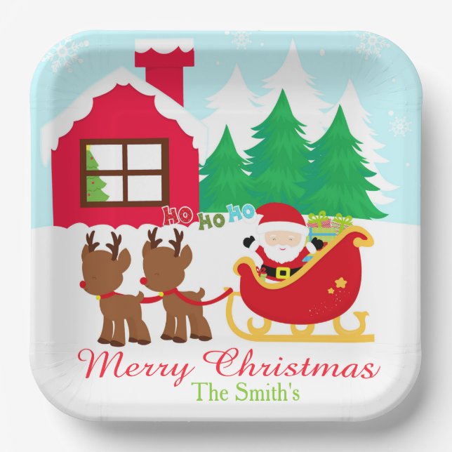Santa and Reindeer Christmas Holiday Party Paper Plate (Front)