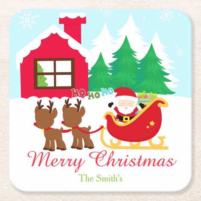 Santa and Reindeer Christmas Holiday Party Square Paper Coaster (Front)