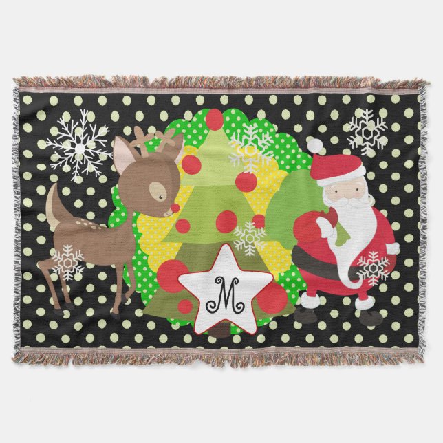 Santa and Reindeer Christmas Holiday Throw Blanket (Front)