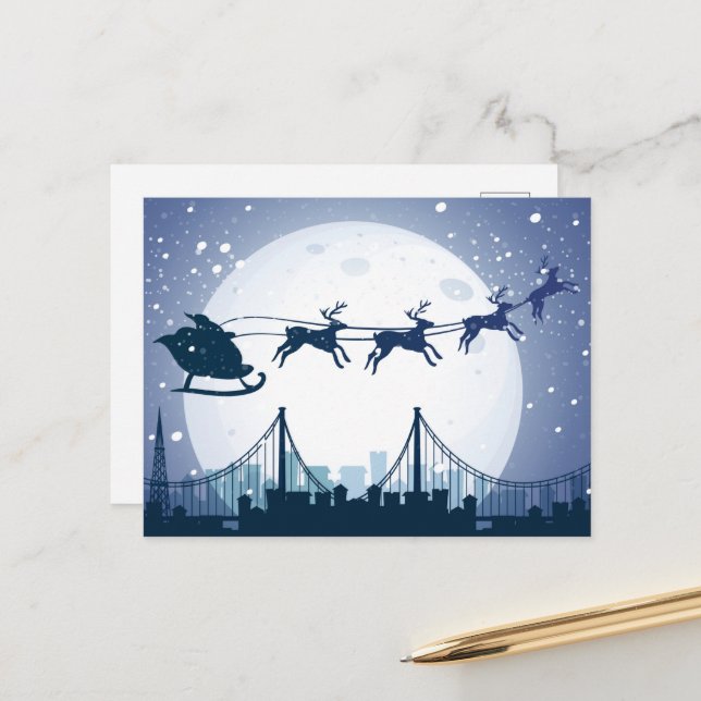 Santa and reindeer flying night sky holiday postcard (Front/Back In Situ)