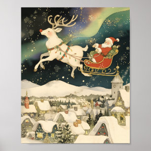 Santa and Reindeer Flying Over Snowy Village Poster