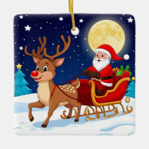 Santa And Reindeer Flying Through Snowy Moonlit Ceramic Ornament