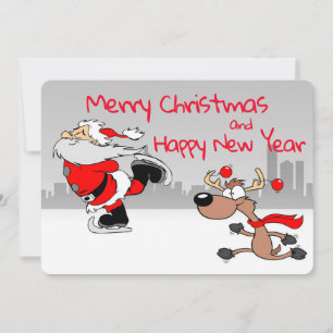 Santa and Reindeer Ice Skating Holiday Card