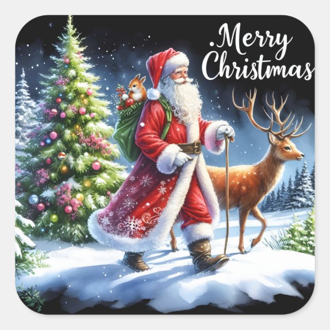 Santa and Reindeer in a Snowy Forest Square Sticker (Front)