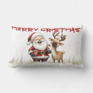 Santa and Reindeer in Festive Cartoon Style Lumbar Pillow