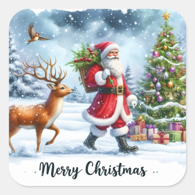 Santa and Reindeer in Snowy Forest Square Sticker (Front)