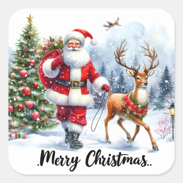 Santa and Reindeer in the Snow Square Sticker (Front)