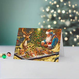 Santa and reindeer make gingerbread house foil holiday card