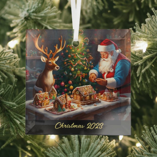 Santa and reindeer make gingerbread house glass ornament (Insitu)
