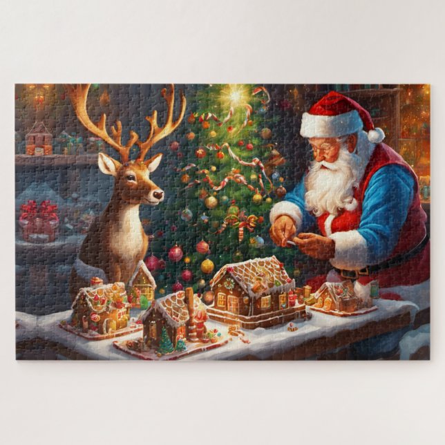 Santa and reindeer make gingerbread house jigsaw puzzle (Horizontal)