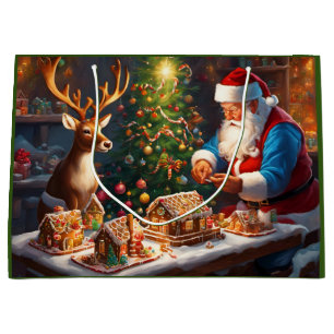 Santa and reindeer make gingerbread house large gift bag