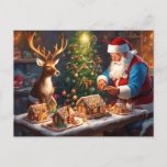 Santa and reindeer make gingerbread house postcard<br><div class="desc">Santa and hie reindeer making gingerbread houses for Christmas

AI ART by minx267</div>