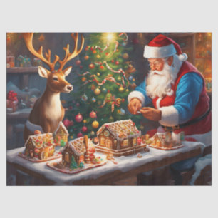 Santa and reindeer make gingerbread house tissue paper