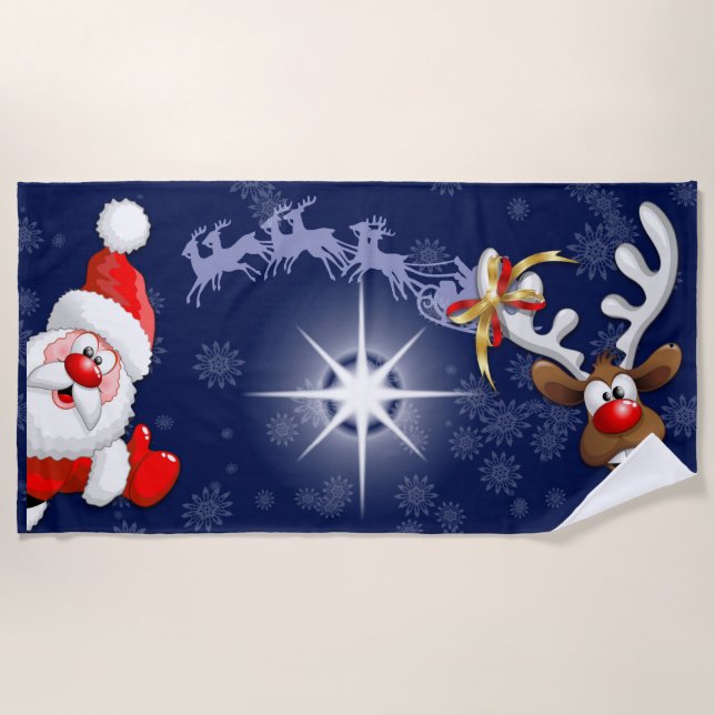 Santa and Reindeer Merry Christmass Happy Cartoon Beach Towel (Front)