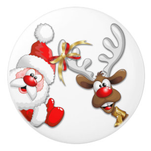 Santa and Reindeer Merry Christmass Happy Cartoon Ceramic Knob