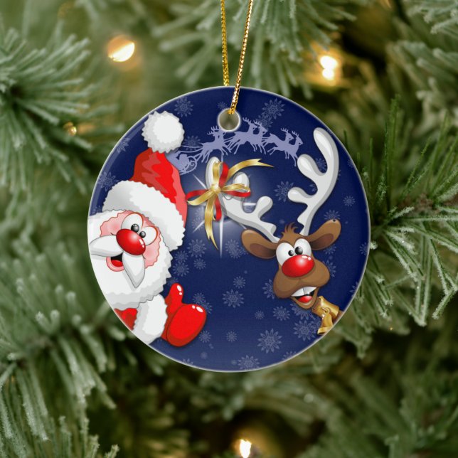 Santa and Reindeer Merry Christmass Happy Cartoon Ceramic Ornament (Tree)