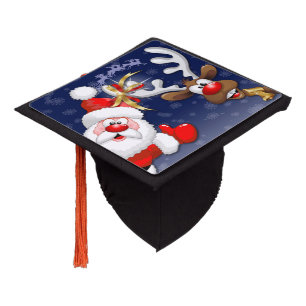 Santa and Reindeer Merry Christmass Happy Cartoon Graduation Cap Topper