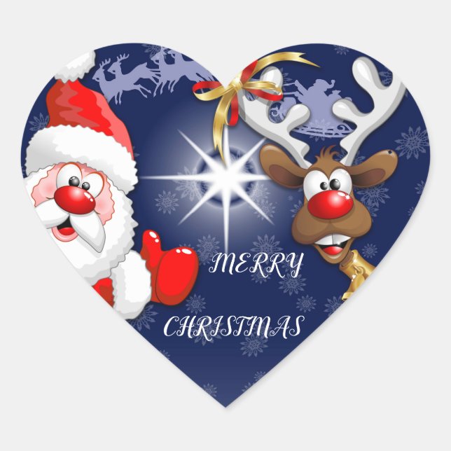 Santa and Reindeer Merry Christmass Happy Cartoon Heart Sticker (Front)