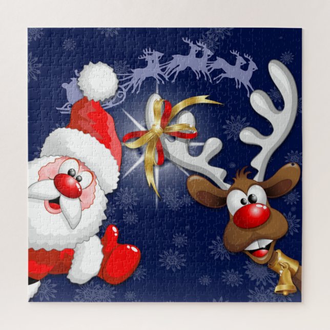Santa and Reindeer Merry Christmass Happy Cartoon Jigsaw Puzzle (Vertical)