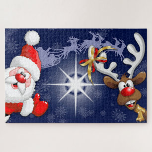 Santa and Reindeer Merry Christmass Happy Cartoon Jigsaw Puzzle