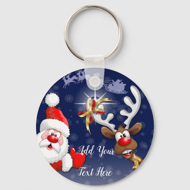 Santa and Reindeer Merry Christmass Happy Cartoon Keychain (Front)