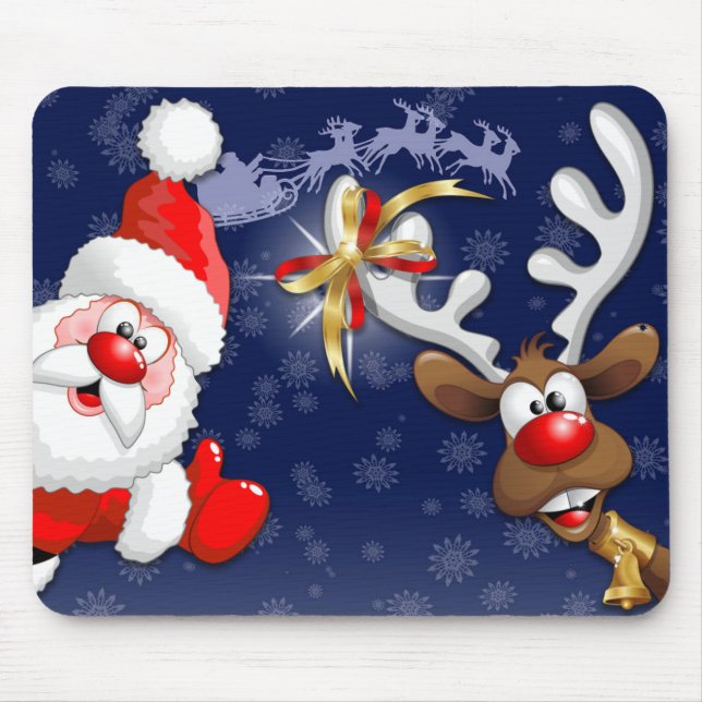 Santa and Reindeer Merry Christmass Happy Cartoon Mouse Pad (Front)