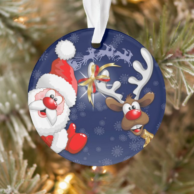 Santa and Reindeer Merry Christmass Happy Cartoon Ornament (Tree)