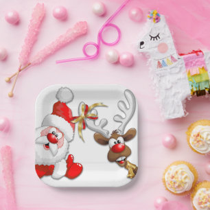 Santa and Reindeer Merry Christmass Happy Cartoon Paper Plate