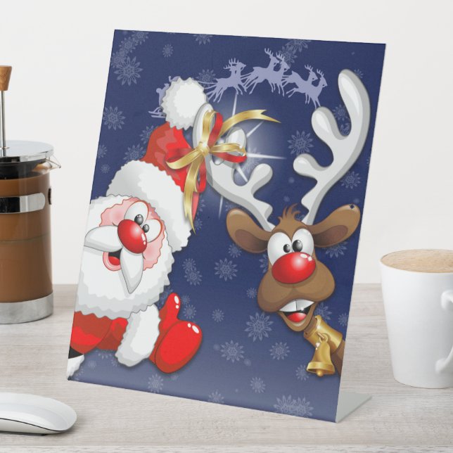 Santa and Reindeer Merry Christmass Happy Cartoon Pedestal Sign (In SItu)