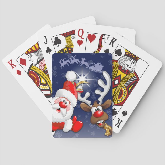 Santa and Reindeer Merry Christmass Happy Cartoon Playing Cards (Back)