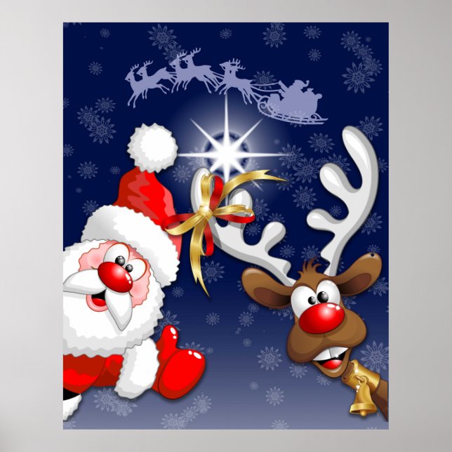 Santa and Reindeer Merry Christmass Happy Cartoon Poster (Front)