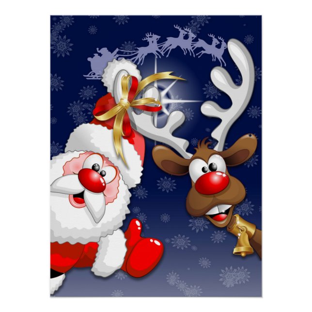 Santa and Reindeer Merry Christmass Happy Cartoon Poster (Front)