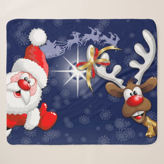 Santa and Reindeer Merry Christmass Happy Cartoon Sherpa Blanket (Front (Horizontal))