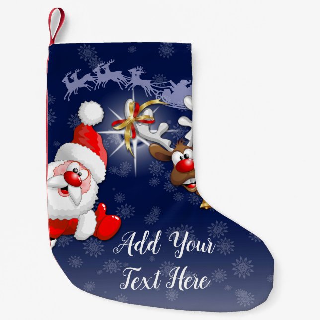 Santa and Reindeer Merry Christmass Happy Cartoon Small Christmas Stocking (Front)