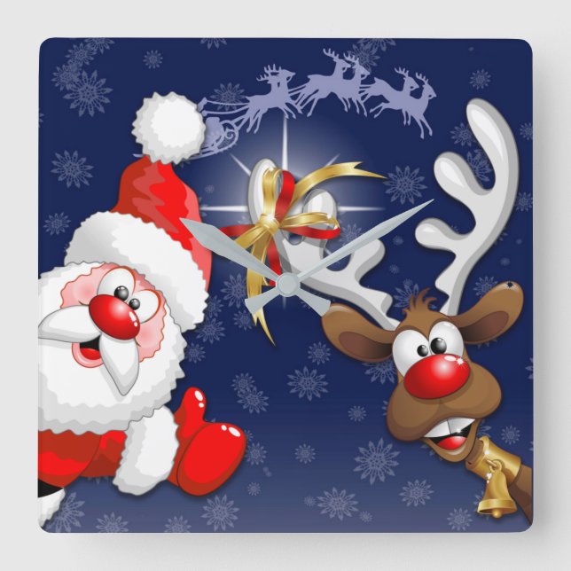 Santa and Reindeer Merry Christmass Happy Cartoon Square Wall Clock (Front)