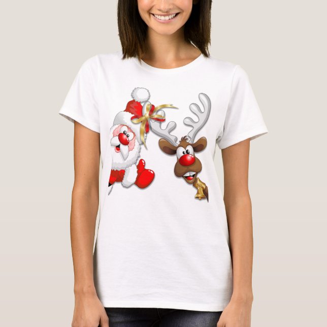Santa and Reindeer Merry Christmass Happy Cartoon T-Shirt (Front)